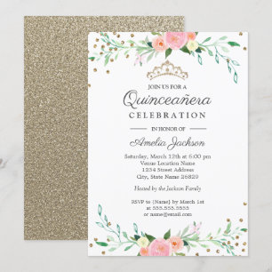 Sweet Floral Sparkle Confetti Quinceanera Einladung