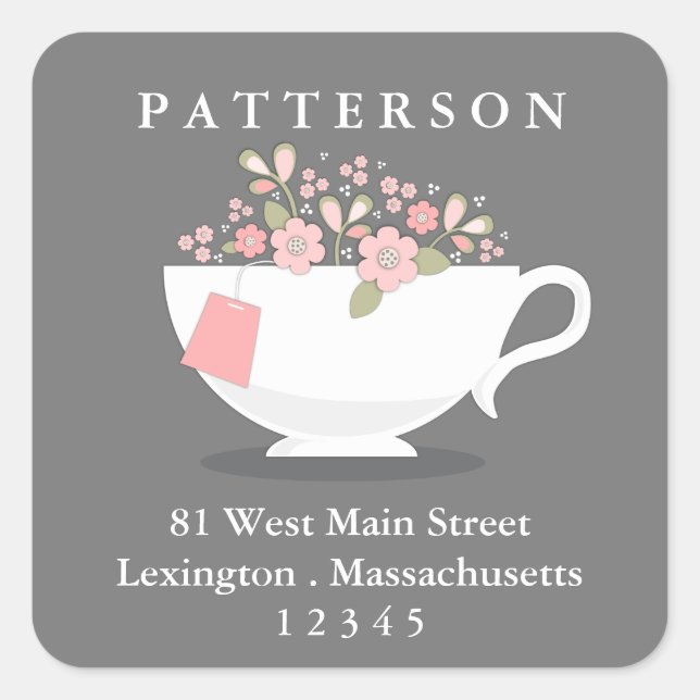 Sweet Floral Teacup Tee Time Return Address Label Quadratischer Aufkleber (Vorderseite)
