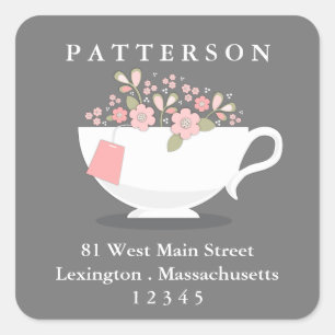 Sweet Floral Teacup Tee Time Return Address Label Quadratischer Aufkleber