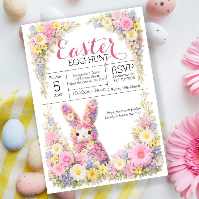Sweet Flower Bunny Rabbit Easter Egg Hunt Lunch Einladung (Sweet Flower Bunny Rabbit Easter Egg Hunt Lunch Acrylic Invitations by Ricaso. Spring themed florals)