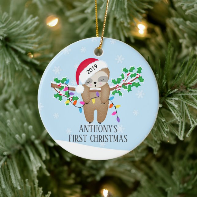 Sweet Foto Sleepy Sloth Baby's First Christmas Keramik Ornament (Baum)