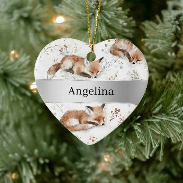 Sweet Fox Silver Ribbon Christmas Keramik Ornament (Baum)