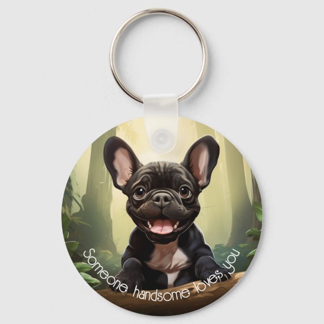 😍 Sweet Frenchie Welpe im Wald Schlüsselanhänger (Vorderseite)