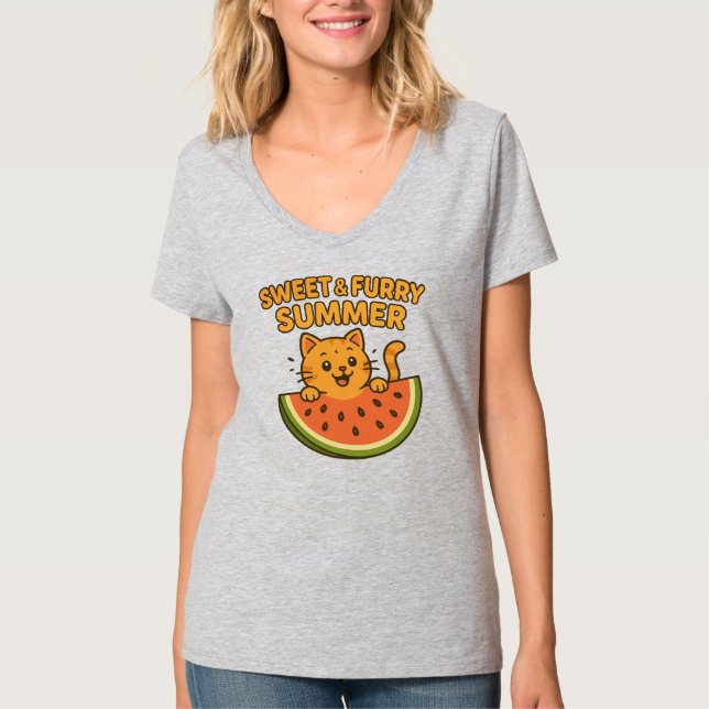 Sweet & Furry Summer - Niedliche Wassermelone Katz T-Shirt (Vorderseite)