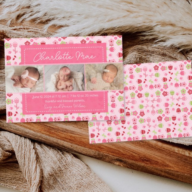 Sweet Garden Pink Baby Girl Ankündigung (birth announcement, baby announcement, birth announcement template, custom girl birth announcement)