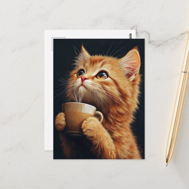 Sweet Ginger Kitty mit Kaffee Postkarte (Vorderseite/Rückseite Beispiel)