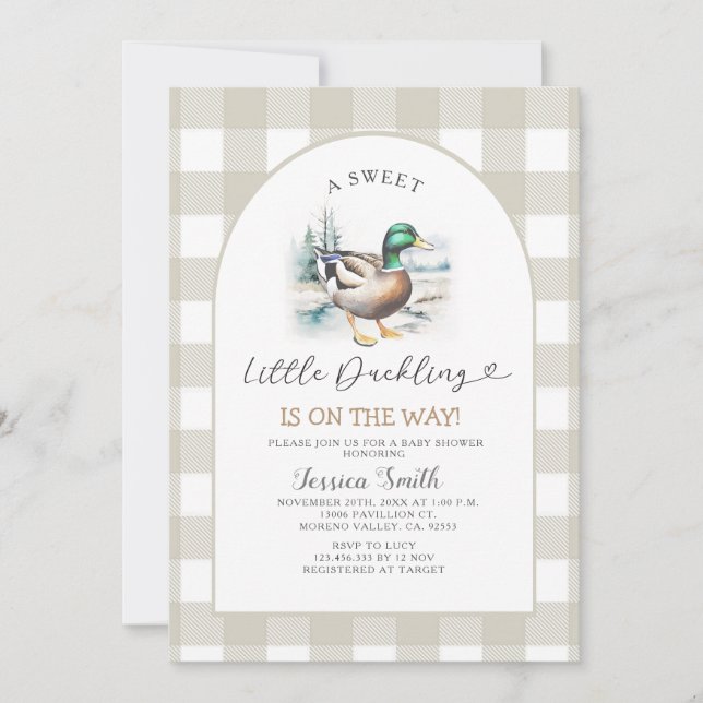 Sweet Gingham Little Duckling Mallard Baby Shower Einladung (Vorderseite)