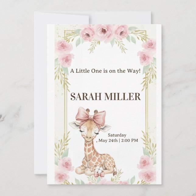Sweet Giraffe Pink Floral Baby Shower InInvitation Einladung (Vorderseite)