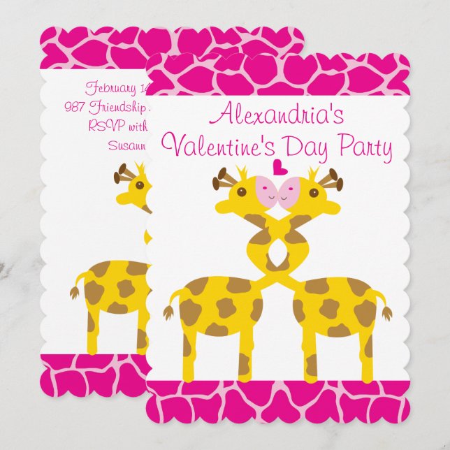 Sweet Giraffen in Liebe Pink Kids Valentines Party Einladung (Vorne/Hinten)