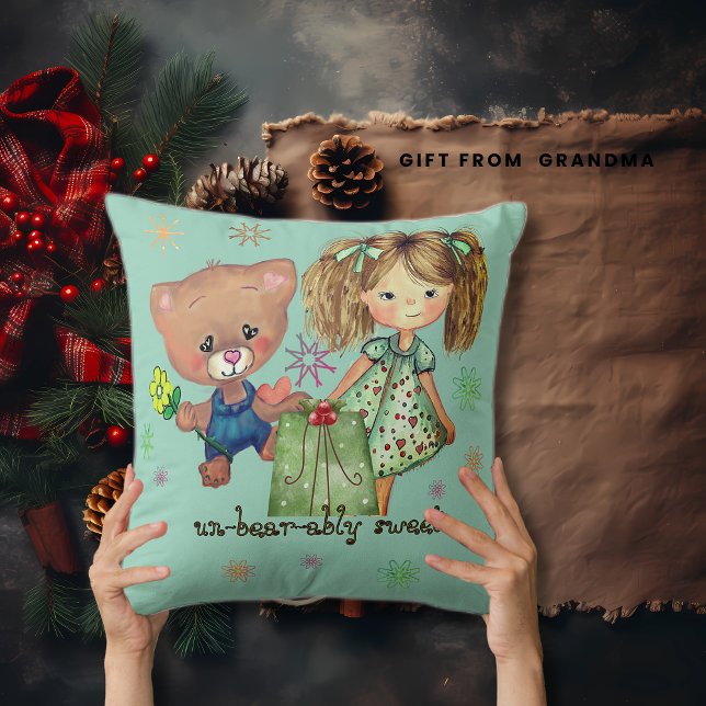 Sweet Girl and Teddy Bear Aquamarin Kissen (Sweet Girl and Teddy Bear Teal Throw Pillow)