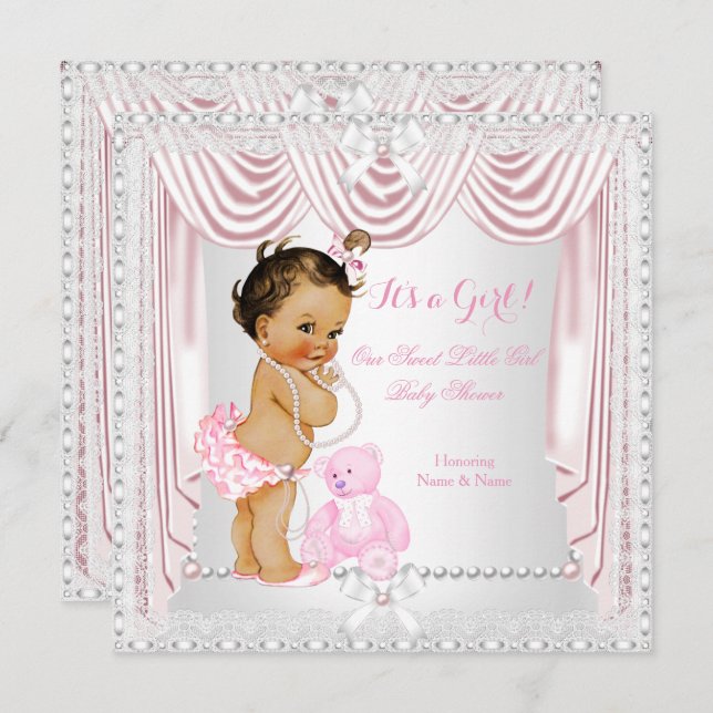 Sweet Girl Baby Dusche Pink Satin Brünett Baby Einladung (Vorne/Hinten)