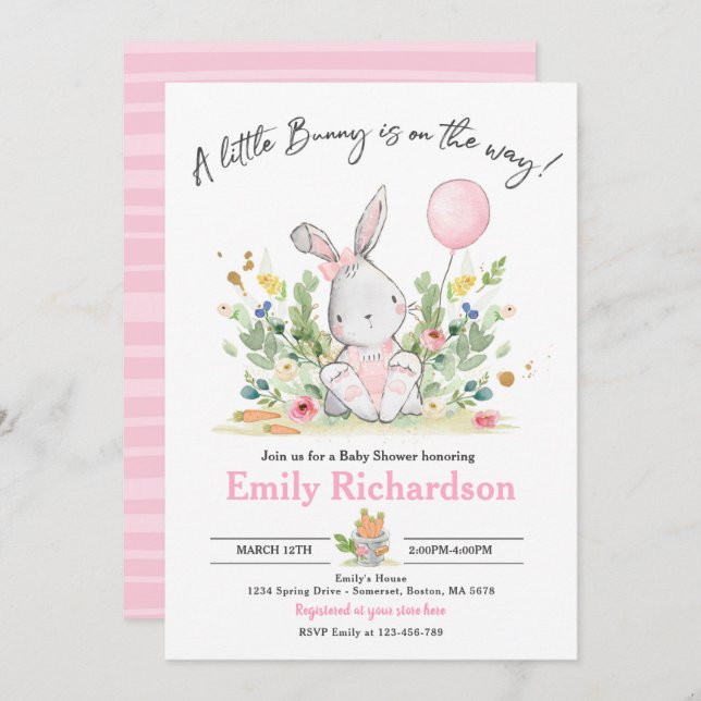 Sweet Girl Watercolor Bunny Baby Dusche Pink Einladung (Vorne/Hinten)