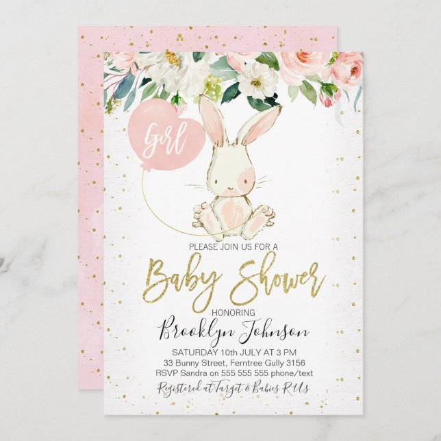 Sweet Girl's Floral Bunny Baby Einladung (Vorne/Hinten)