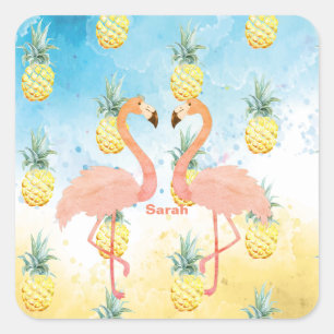 Sweet Girly Flamingo und Ananas Quadratischer Aufkleber