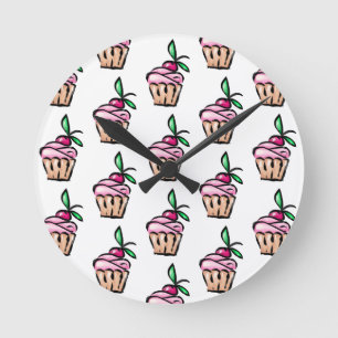 Sweet girly pink cupcake cake candy cherry pattern runde wanduhr