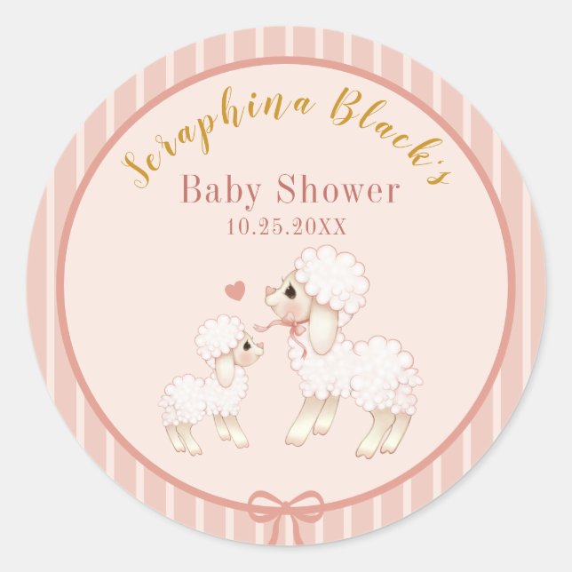 Sweet Girly Pink Lamb Baby Dusche Runder Aufkleber (Vorderseite)