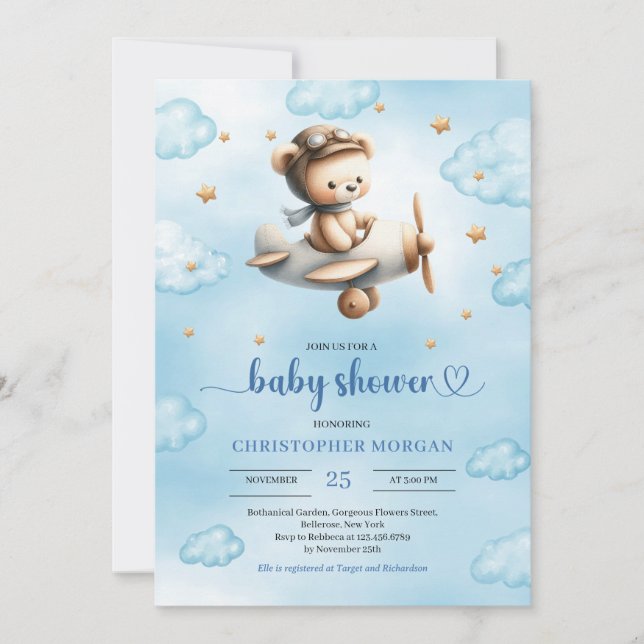 Sweet gold airplane bear theme boy baby shower  einladung (Vorderseite)