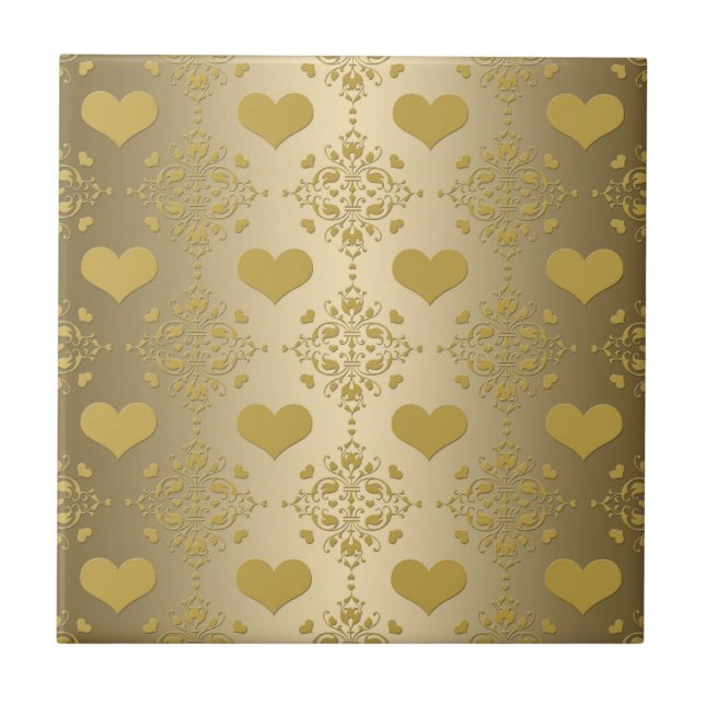 Sweet Gold Hearts Damask Muster Fliese (Vorderseite)