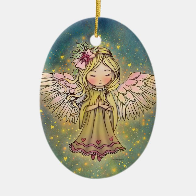 Sweet Golden Angel Whimsical Art von Molly Harriso Keramik Ornament (Vorne)