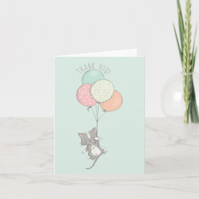 Sweet Gray Cat mit Balloons Danke-Karte Dankeskarte (Vorderseite)