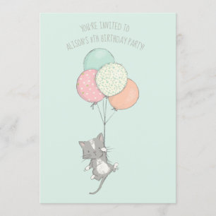 Sweet Gray Cat mit Balloons Geburtstagsparty Einladung