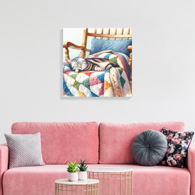 Sweet Gray Cat Sleeping on a Quilt Leinwanddruck (Insitu (Wohnzimmer))