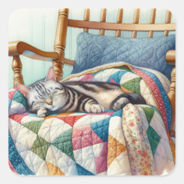 Sweet Gray Cat Sleeping on a Quilt Quadratischer Aufkleber