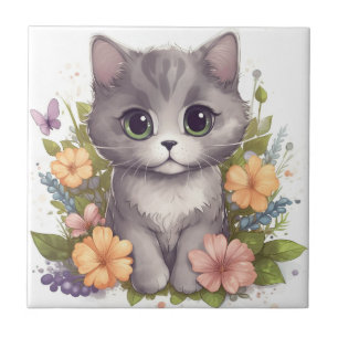 Sweet Gray Kitten mit Blume Kawaii Chibi Fliese