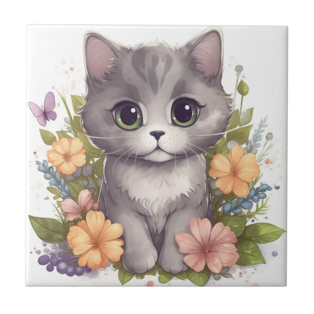 Sweet Gray Kitten mit Blume Kawaii Chibi Fliese (Vorderseite)