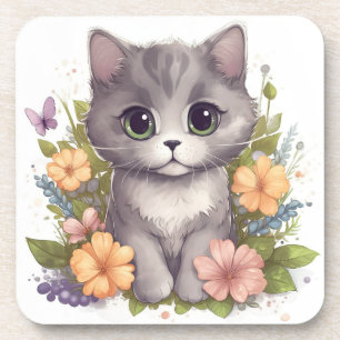 Sweet Gray Kitten mit Blume Kawaii Chibi Getränkeuntersetzer