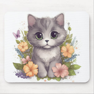 Sweet Gray Kitten mit Blume Kawaii Chibi Mousepad