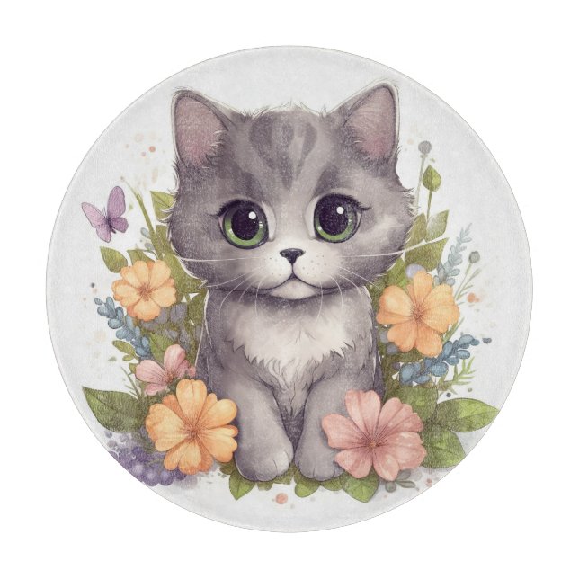 Sweet Gray Kitten mit Blume Kawaii Chibi Schneidebrett (Vorderseite)