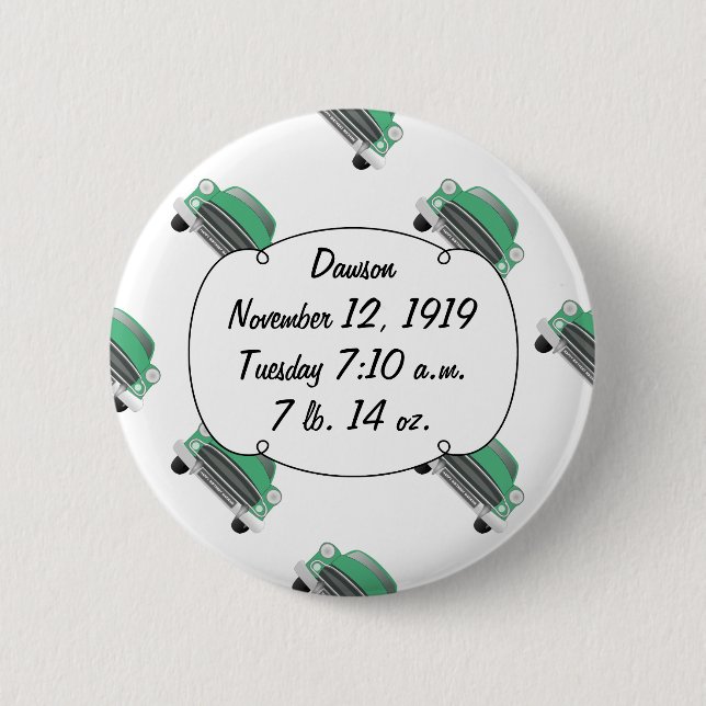 Sweet Green Classic Car Baby Boy Stats Button (Vorderseite)