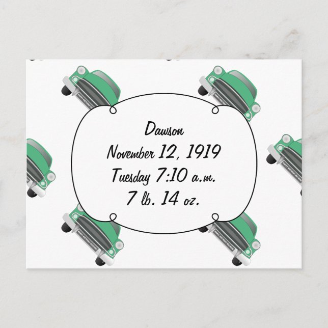 Sweet Green Retro Car Baby Boy Geschenke Postkarte (Vorderseite)