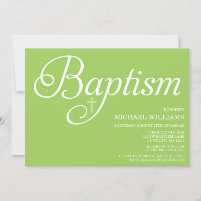 Sweet Green Script Taufe Einladungen (Vorderseite)