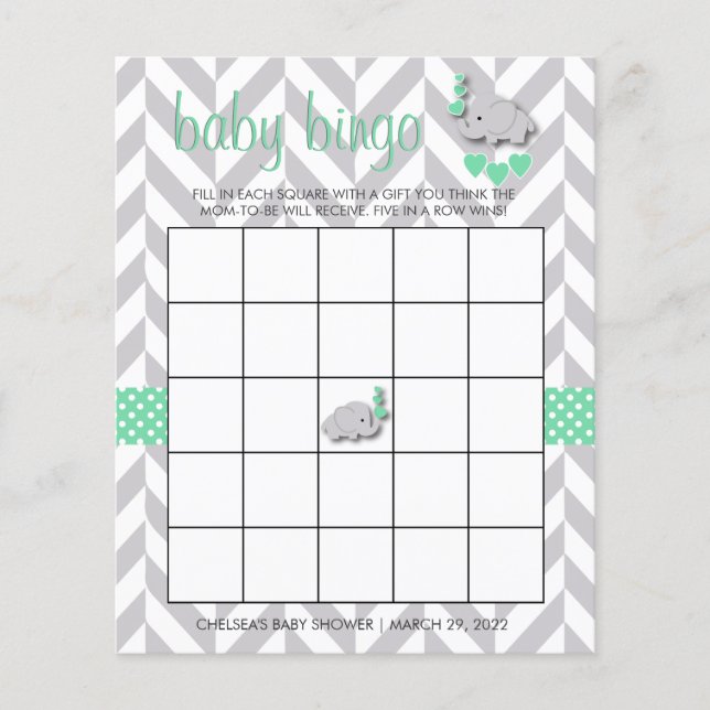 Sweet Green und Gray Elephant 🐘 Baby Shower Bingo Flyer (Vorne)