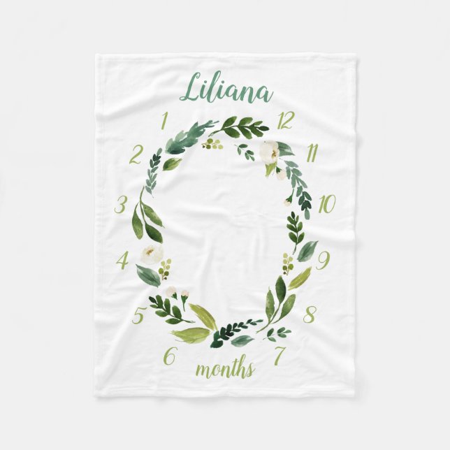 Sweet Greenery Baby Name Monthly Meilenstein Foto Fleecedecke (Vorderseite)