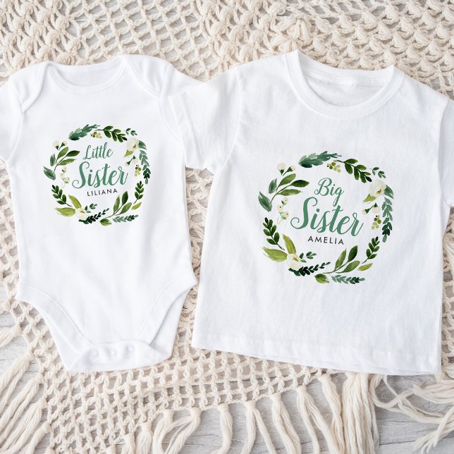 Sweet Greenery Floral Big Sister Name Monogram Baby T-shirt (Von Creator hochgeladen)