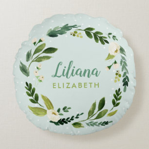 Sweet Greenery Wreath Baby Name Monogram Rundes Kissen