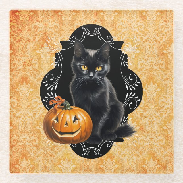 Sweet Halloween Black Cat and Pumpkin Glasuntersetzer (Vorderseite)