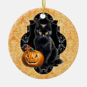 Sweet Halloween Black Cat and Pumpkin Keramik Ornament