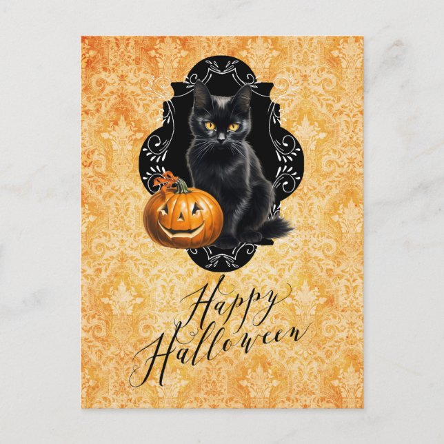 Sweet Halloween Black Cat and Pumpkin Postkarte (Vorderseite)