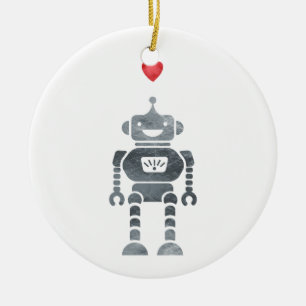 Sweet, Happy Robot mit Little Red Heart Keramik Ornament