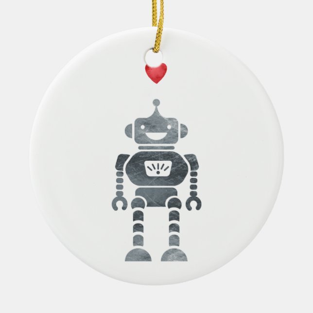 Sweet, Happy Robot mit Little Red Heart Keramik Ornament (Vorne)