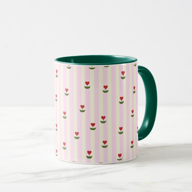Sweet Heart Flower Pattern – Soft Pink Striped  Tasse (VorderseiteRechts)