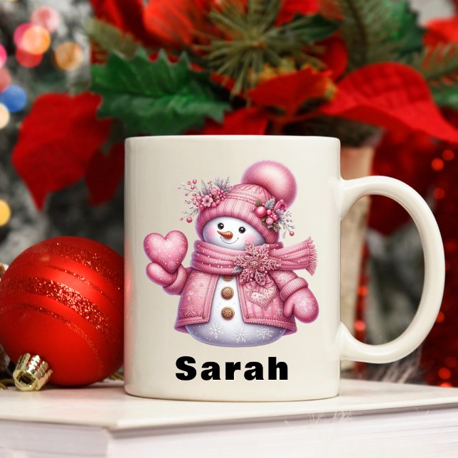 Sweet Heart Holding Pink Snowman Weihnachten Kaffeetasse (Sweet Heart Holding Pink Snowman Christmas Coffee Mug)