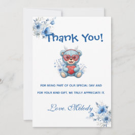 Sweet Heart Teddy Bear Blue Baby Shower Dankeskarte
