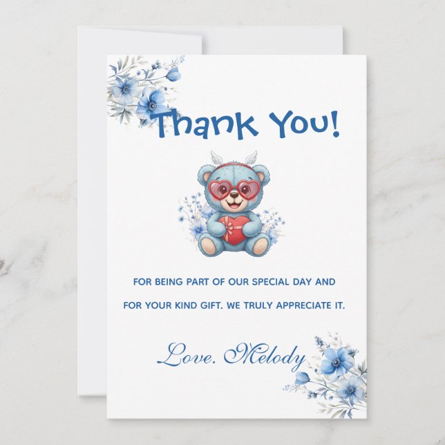 Sweet Heart Teddy Bear Blue Baby Shower  Dankeskarte (Vorderseite)