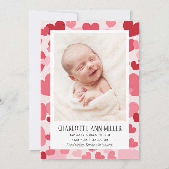 Sweet Hearts Photo Birth Announcement | Valentine  Ankündigung (Vorderseite)