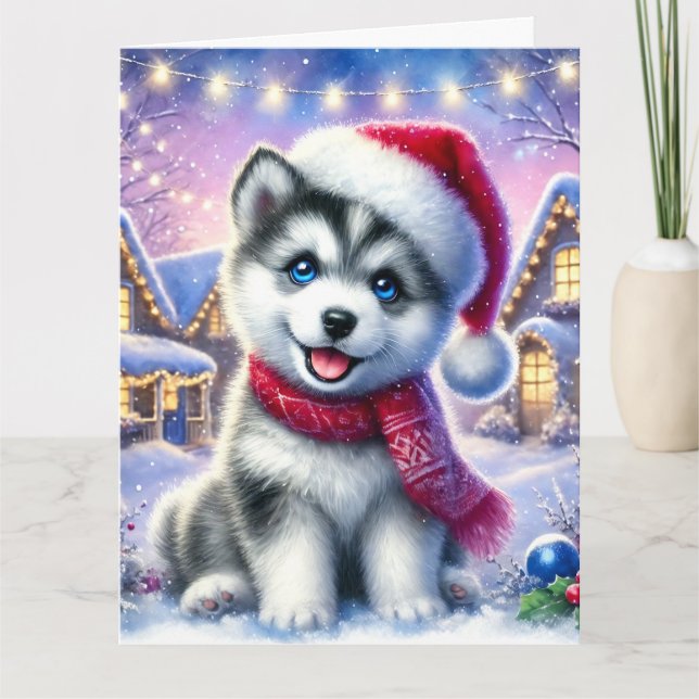 Sweet Husky Puppy in Christmas Village Karte (Vorderseite)
